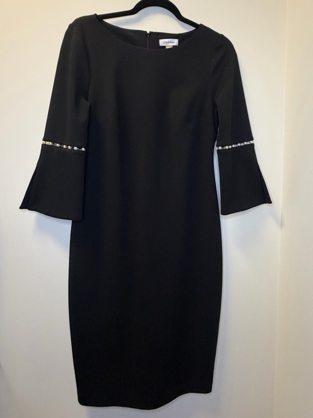 Calvin Klein Black Sheath Dress with Pearl Embellished Bell Sleeves – Size 6